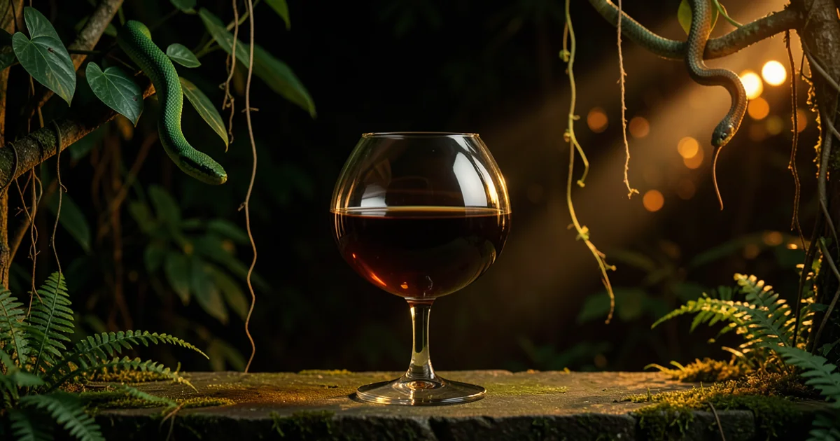 A snifter of dark coffee-brown cocktail on a mossy stone ledge in a dark jungle, with green snakes on a branch above and coiled around a vine.