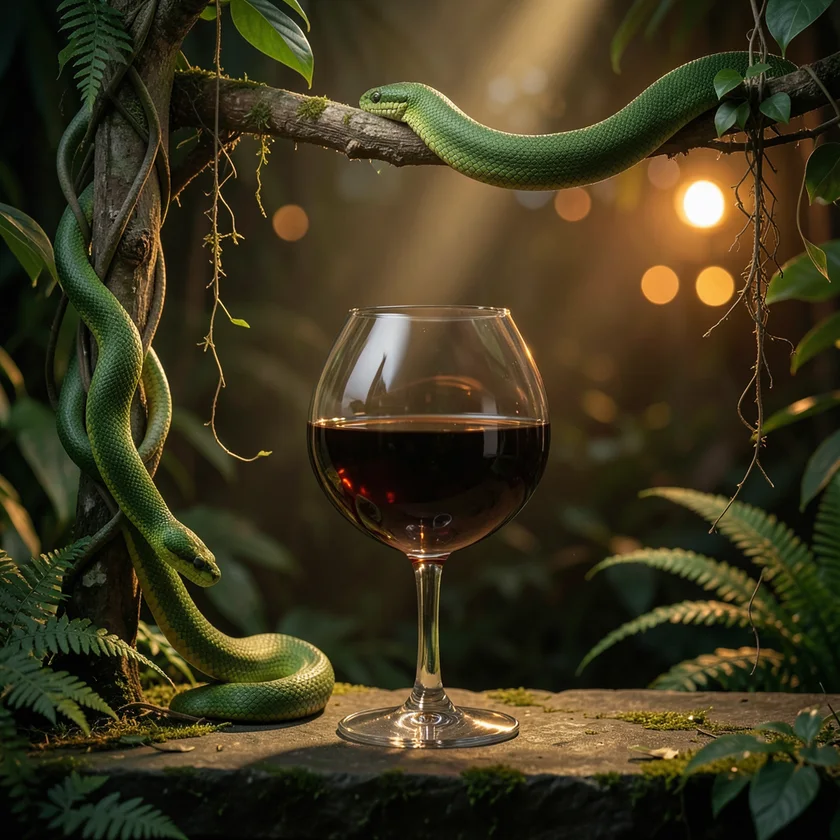 A snifter of dark coffee-brown cocktail on a mossy stone ledge in a dark jungle, with green snakes on a branch above and coiled around a vine.
