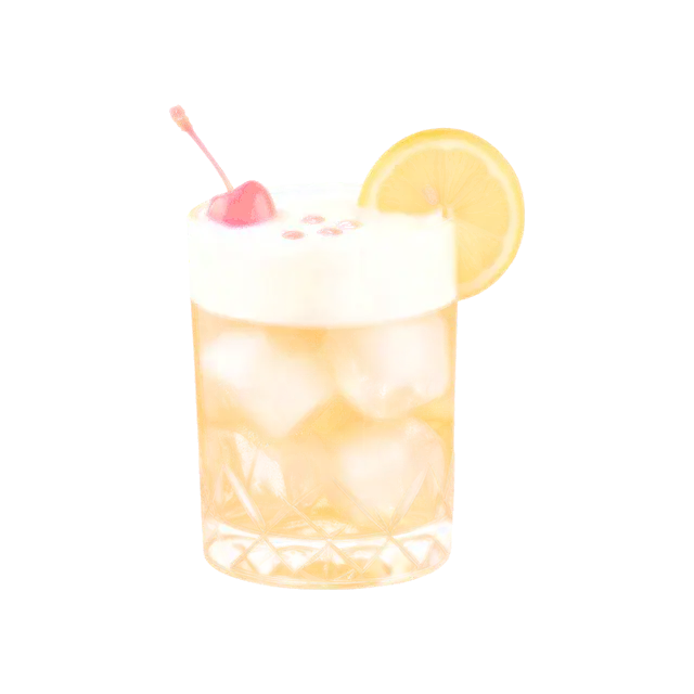 Boston Sour cocktail: pale golden drink over ice in a crystal rocks glass, with a flat, dense, smooth white egg-white foam layer about a finger thick, level with the rim of the glass, with three small drops of bitters on it, a cherry and a lemon wheel