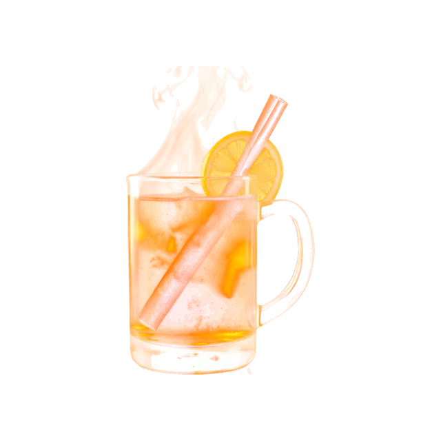 Hot Toddy cocktail: steaming warm golden amber drink in a clear glass mug with a handle, with a lemon wheel and a cinnamon stick