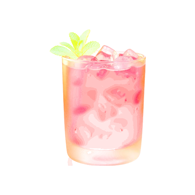 Raspberry Julep cocktail: deep raspberry red drink over crushed ice in a frosted heavy glass tumbler, all glass, no metal, with a mint sprig