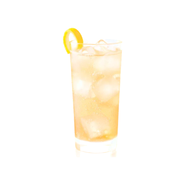 Whiskey Highball cocktail: sparkling pale golden-amber drink over ice in a highball glass, with a single curled lemon peel twist, no straw and no fruit wheel